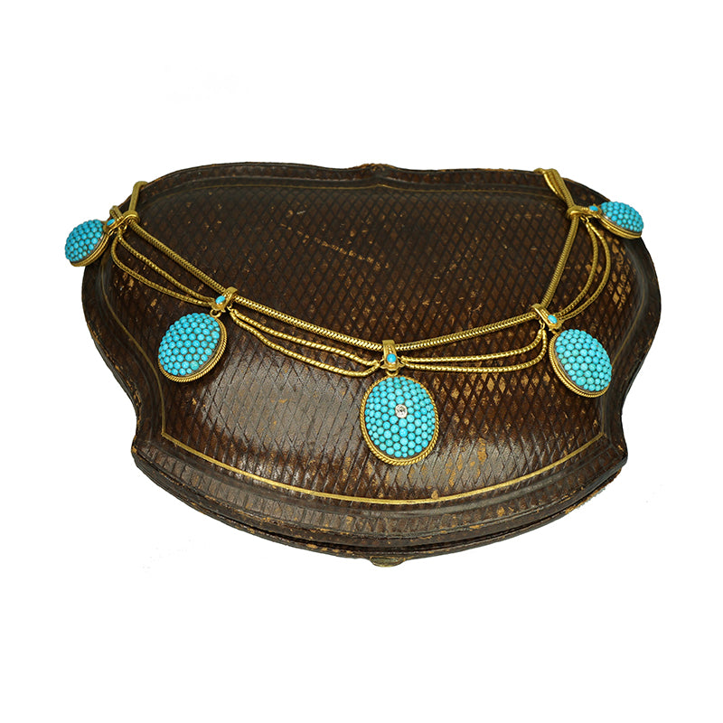 Stunning 19th century Turquoise Necklace in Original Fitted Box - Gem Set Love
