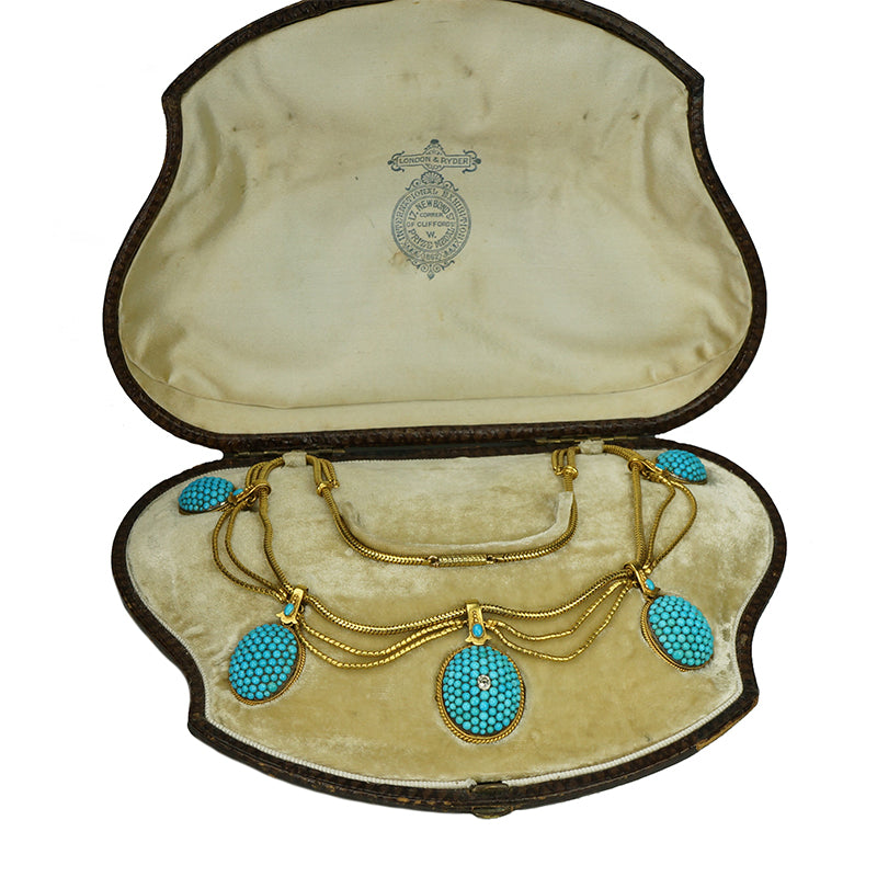 Stunning 19th century Turquoise Necklace in Original Fitted Box - Gem Set Love