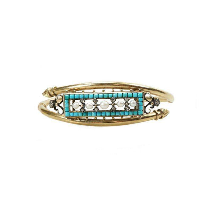 Victorian Gold Bangle Bracelet Turquoise Diamond and Pearl