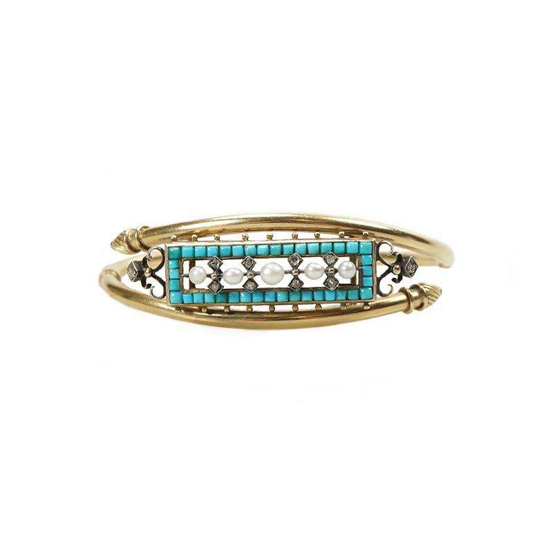 Victorian Gold Bangle Bracelet Turquoise Diamond and Pearl