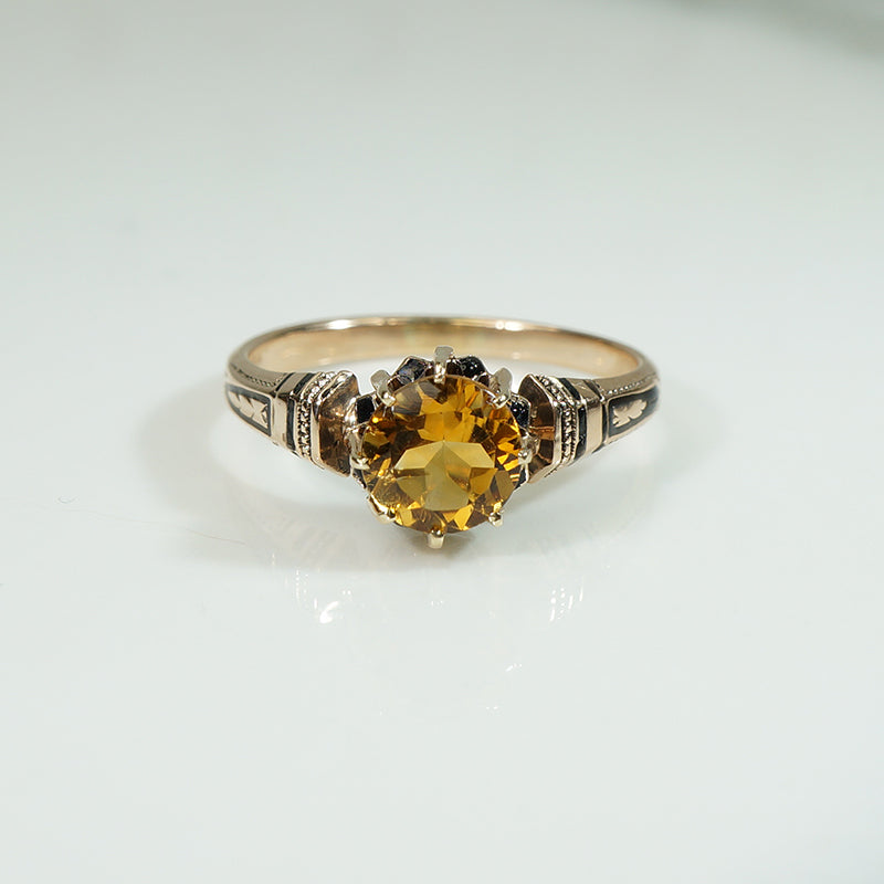 19thc Rosy Gold and Black Enamel Citrine Ring
