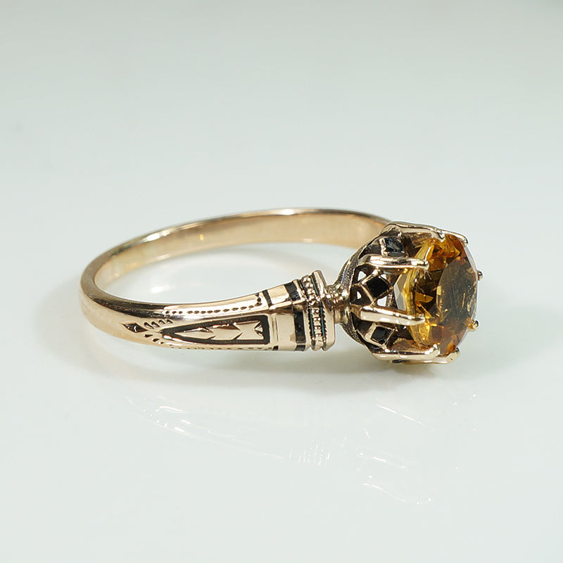 19thc Rosy Gold and Black Enamel Citrine Ring