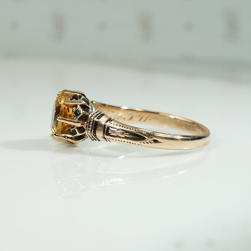 19thc Rosy Gold and Black Enamel Citrine Ring