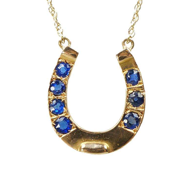Vintage Golden Horseshoe Necklace set with Blue Sapphires