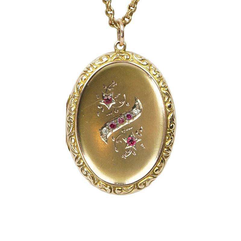 Graceful Gem Set Vintage Gold Locket on a Long Chain