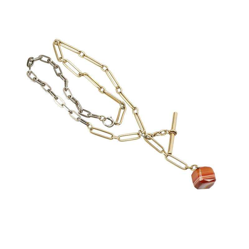 Vintage Watch Chain Necklace with Fob in Gold and Silver