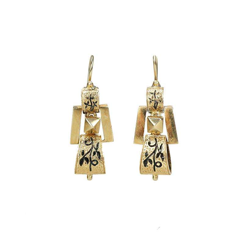 Victorian Revival Gold and Black Enamel Earrings - Gem Set Love