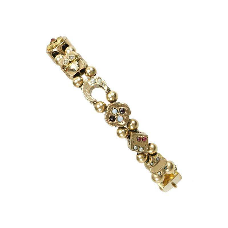 Vintage Gold Slide Bracelet with 14 Victorian slides
