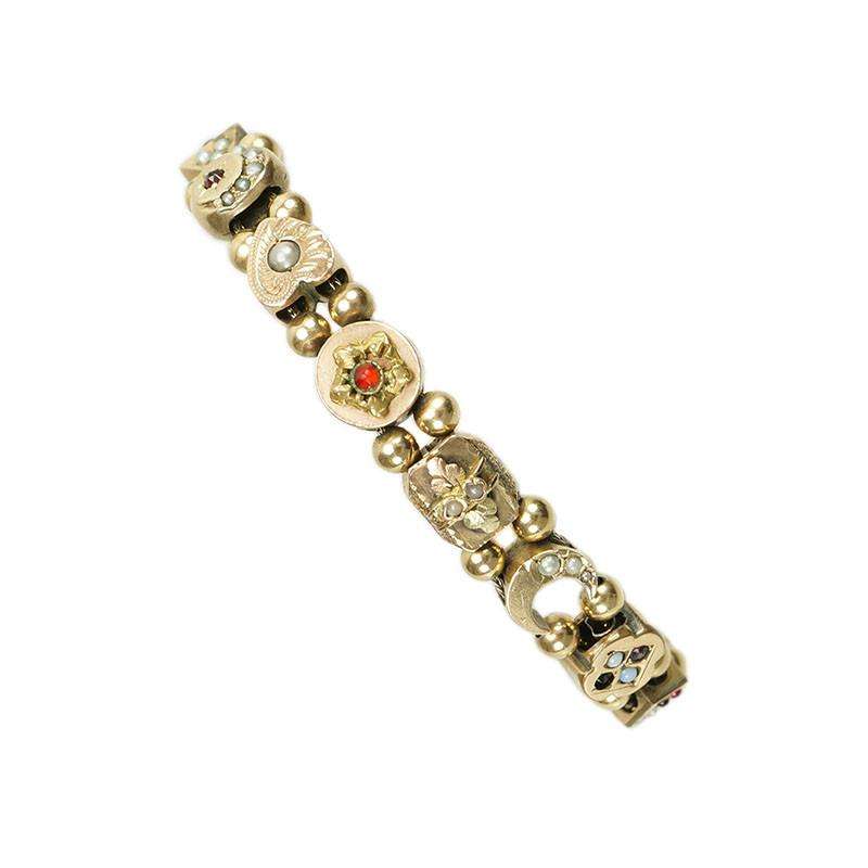 Vintage Gold Slide Bracelet with 14 Victorian slides