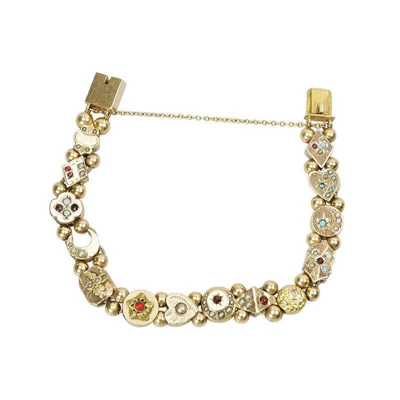 Vintage Gold Slide Bracelet with 14 Victorian slides