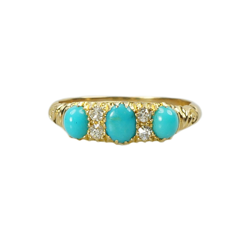Turquoise and Old Mine Diamonds Hallmarked English Ring - Gem Set Love