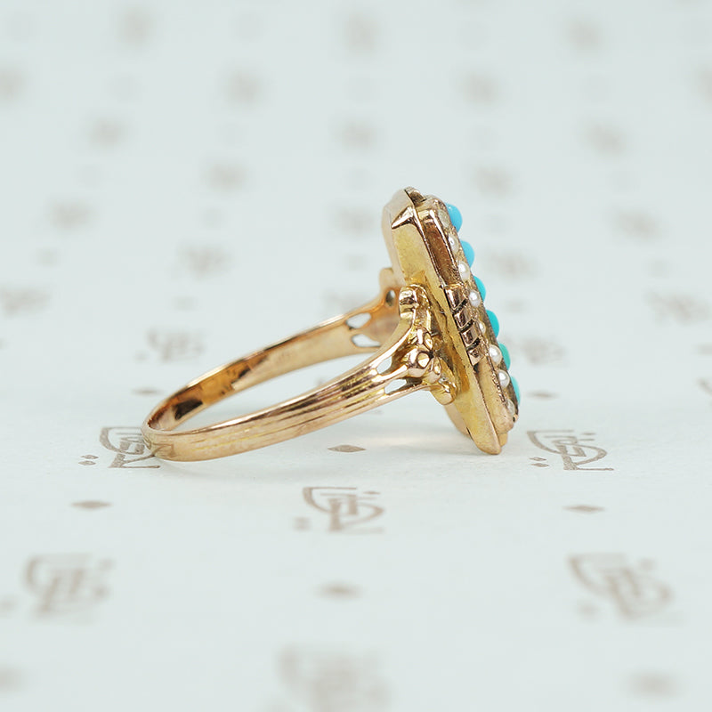 Victorian gold turquoise and pearl ring side view