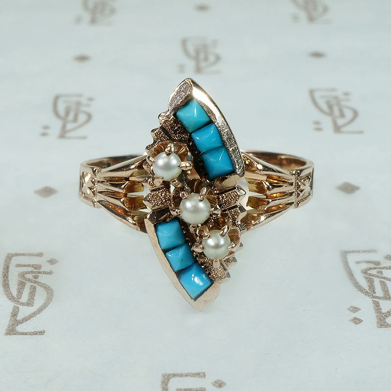 Victorian Rosy Navette with Turquoise & Pearls