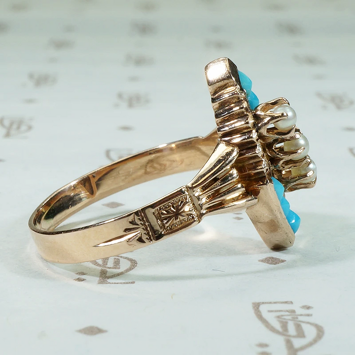 Victorian Rosy Navette with Turquoise & Pearls