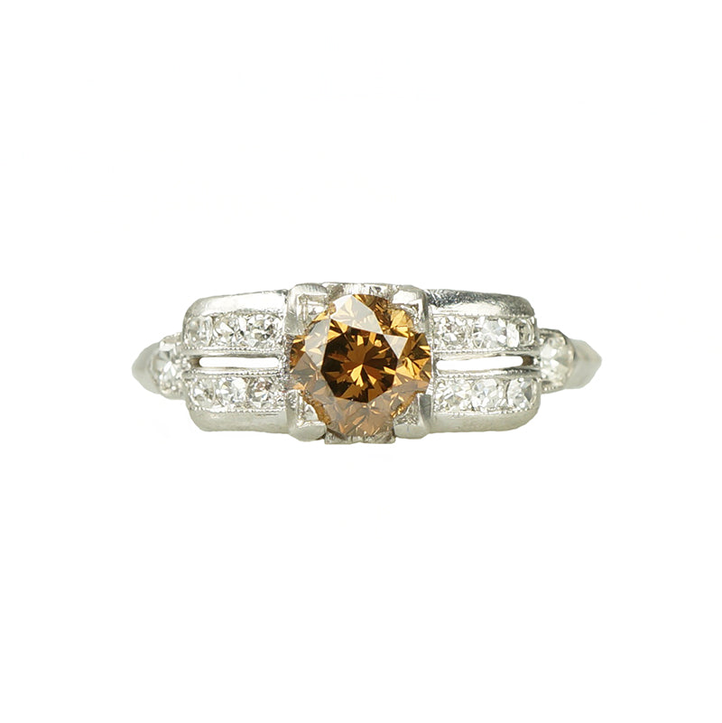 Fancy Cognac Diamond Art Deco Engagement Ring - Gem Set Love
