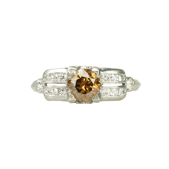 Fancy Cognac Diamond Art Deco Engagement Ring - Gem Set Love