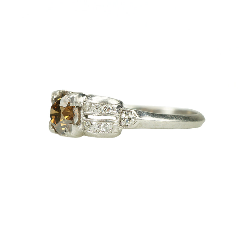 Fancy Cognac Diamond Art Deco Engagement Ring - Gem Set Love