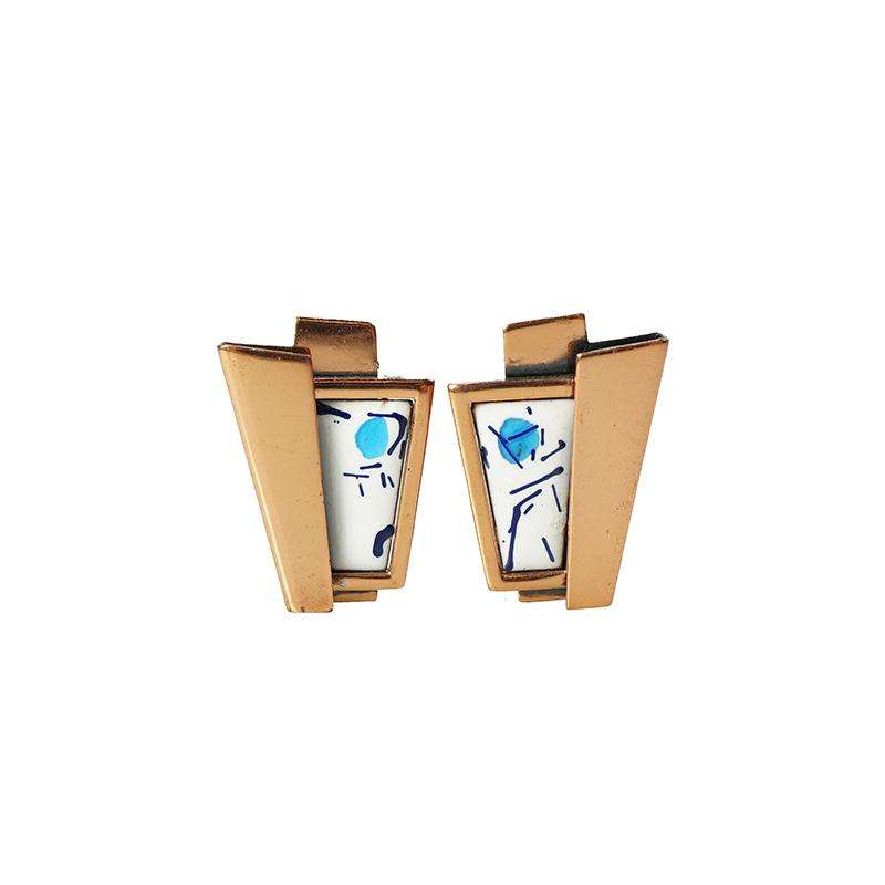 Abstract Copper and Enamel Earrings Signed