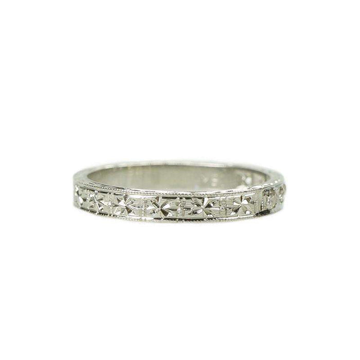 Pristine 1920s White Gold Engraved Diamond Band