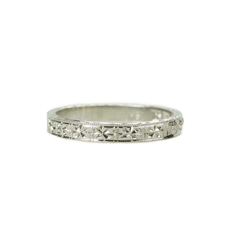 Pristine 1920s White Gold Engraved Diamond Band