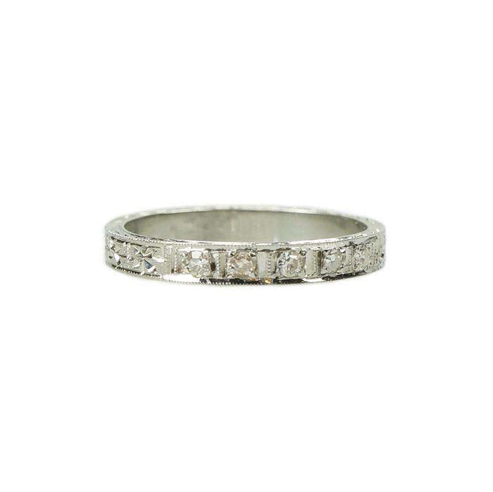 Pristine 1920s White Gold Engraved Diamond Band