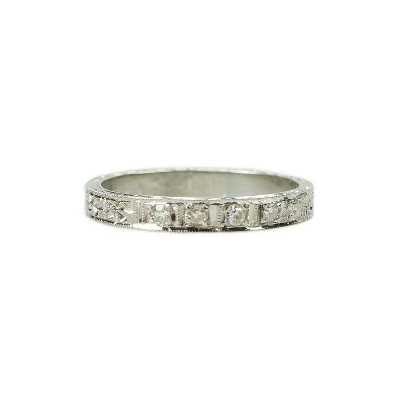 Pristine 1920s White Gold Engraved Diamond Band