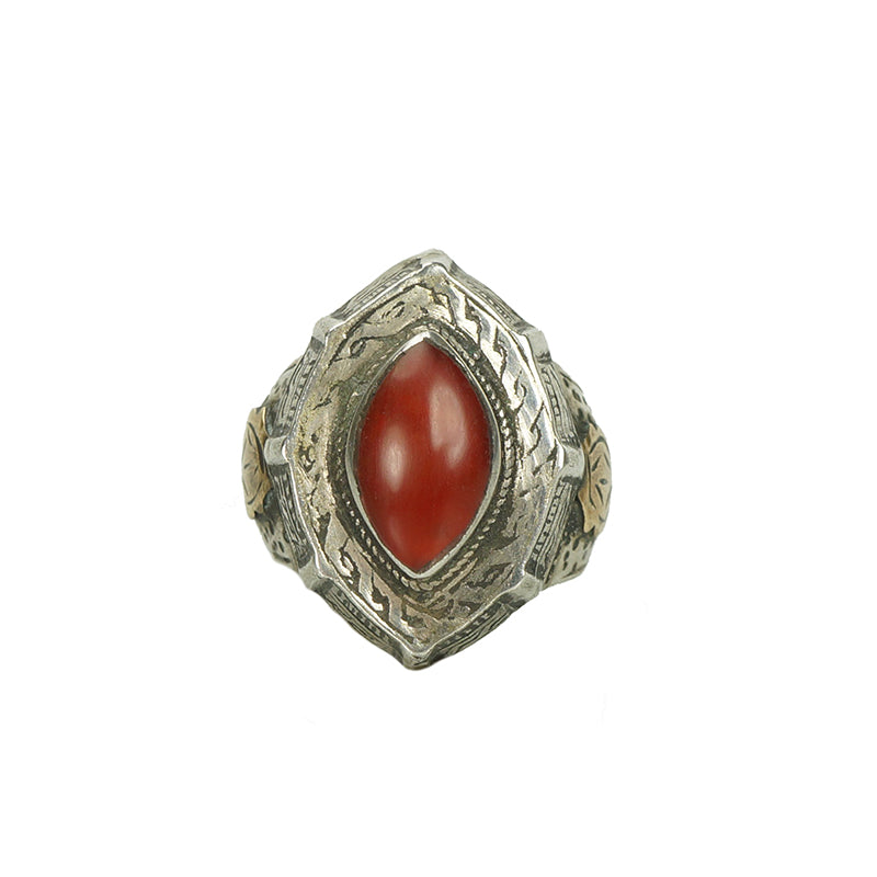 Tribal silver ring hand wrought engraves set with a carnelian stone