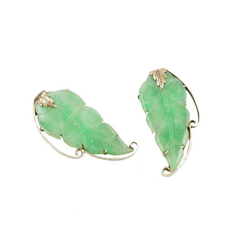 Vintage Chinese Jade Leaf Earrings in Silver Gilt