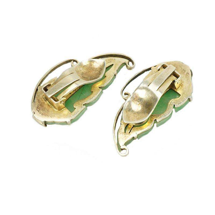 Vintage Chinese Jade Leaf Earrings in Silver Gilt