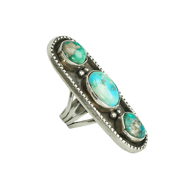 detailedside view of turquoise and sterling vintage native american ring