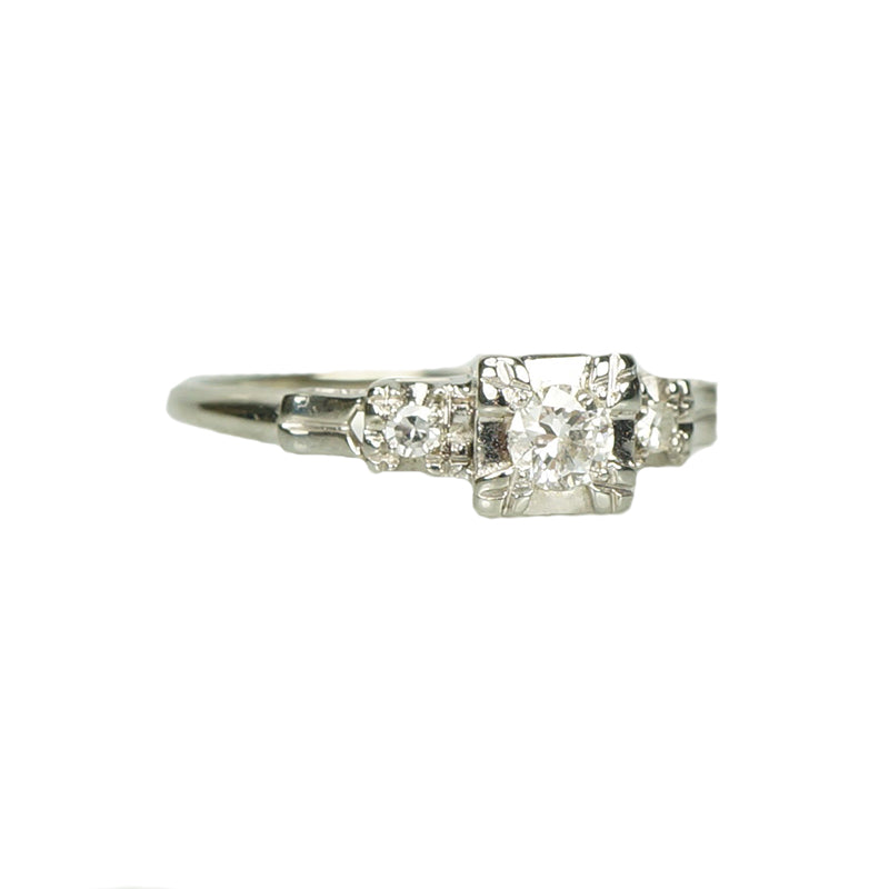 Sweet Classic White Gold 1940's Engagement Ring - Gem Set Love