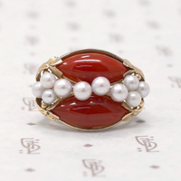 Signed Ming's Red Coral and Pearl Gold Ring
