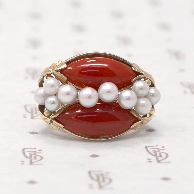 Signed Ming's Red Coral and Pearl Gold Ring