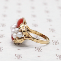 Signed Ming's Red Coral and Pearl Gold Ring