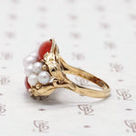 Signed Ming's Red Coral and Pearl Gold Ring