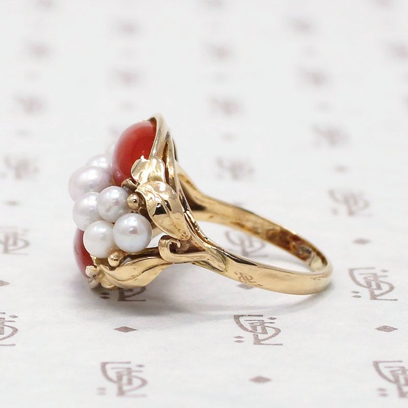 Signed Ming's Red Coral and Pearl Gold Ring