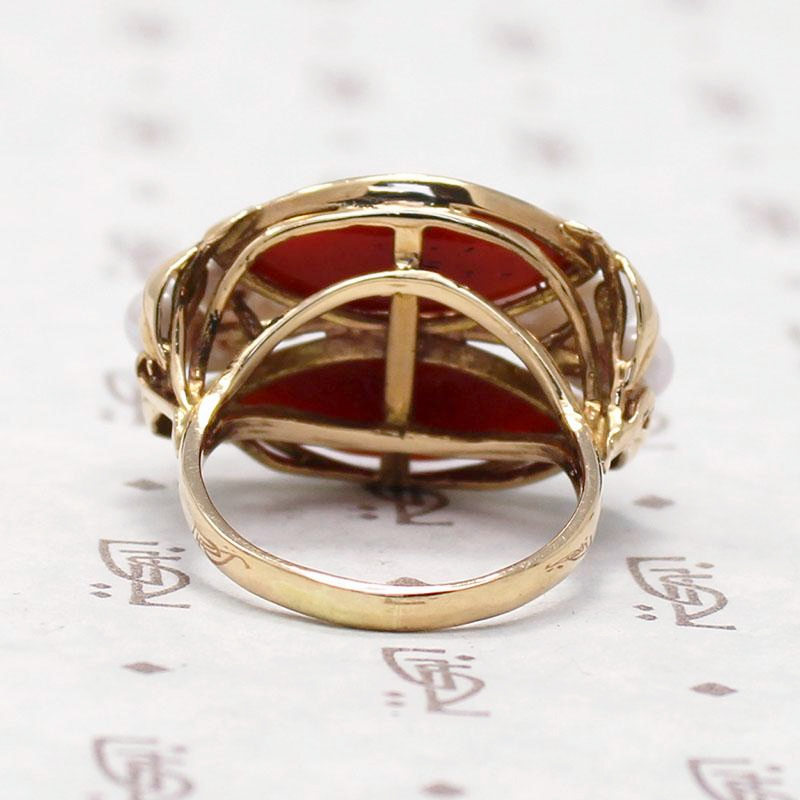 Signed Ming's Red Coral and Pearl Gold Ring