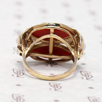 Signed Ming's Red Coral and Pearl Gold Ring