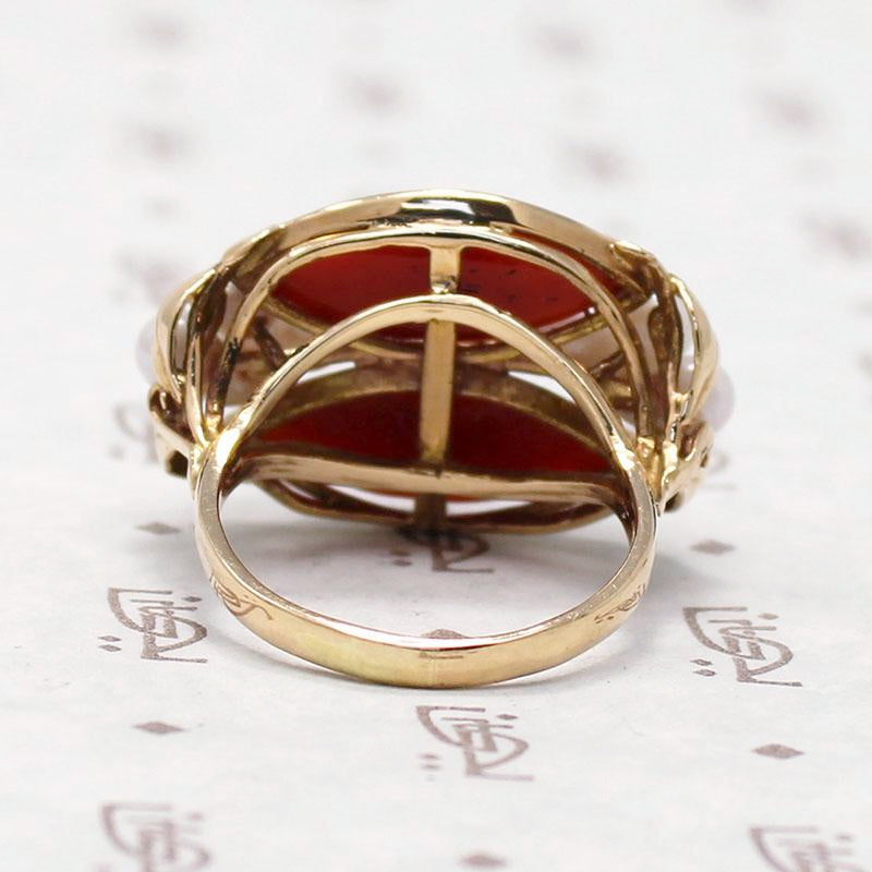 Signed Ming's Red Coral and Pearl Gold Ring