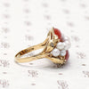Signed Ming's Red Coral and Pearl Gold Ring