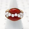 Signed Ming's Red Coral and Pearl Gold Ring