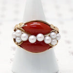Signed Ming's Red Coral and Pearl Gold Ring