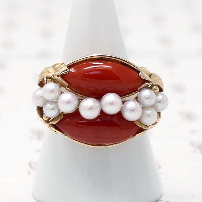 Signed Ming's Red Coral and Pearl Gold Ring