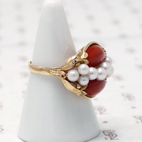 Signed Ming's Red Coral and Pearl Gold Ring