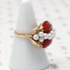 Signed Ming's Red Coral and Pearl Gold Ring
