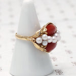 Signed Ming's Red Coral and Pearl Gold Ring