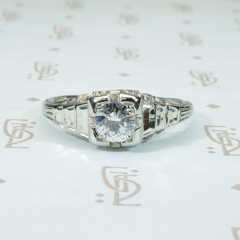 18k white gold step side art deco .32 carat diamond engagement ring