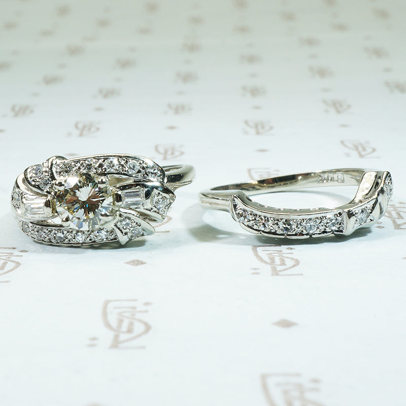 Asymmetrical Beauty Vintage White Gold Wedding Set