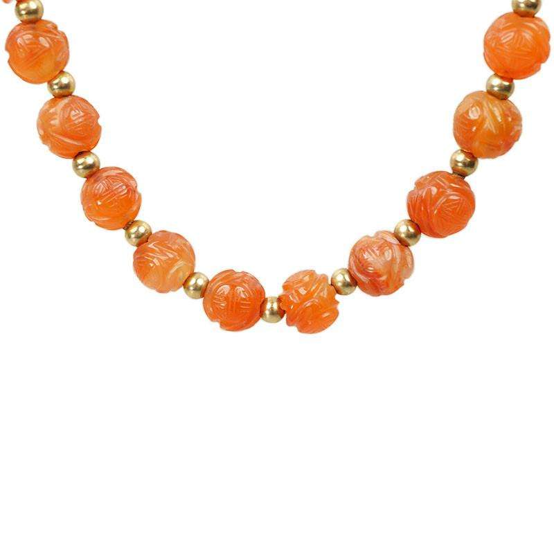 Vintage Carved Carnelian Bead Necklace Double Happiness