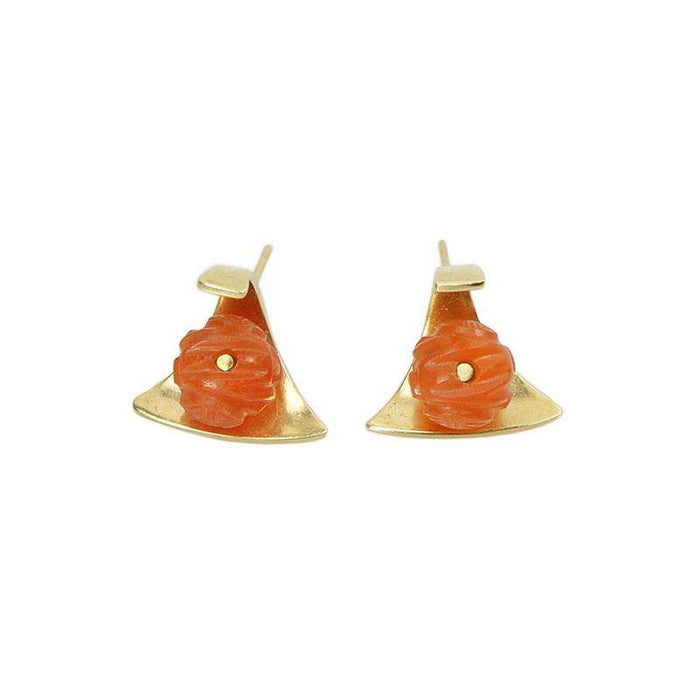 Signed Modernist Earrings by Ed Weiner in 14k Gold and Carnelian